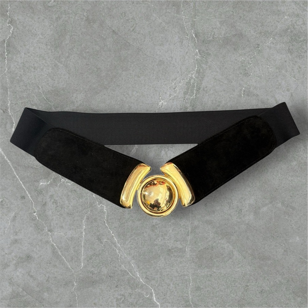Women’s Chic Black Leather And Elastic Combo Belt With Golden Buckle